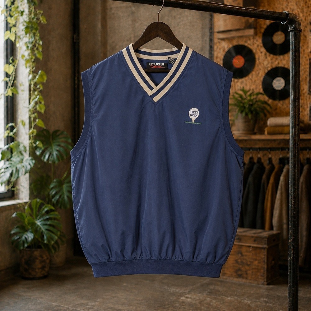 Vintage "Tippy Open" Golf Windbreaker Sweater Vest Navy V Neck Large